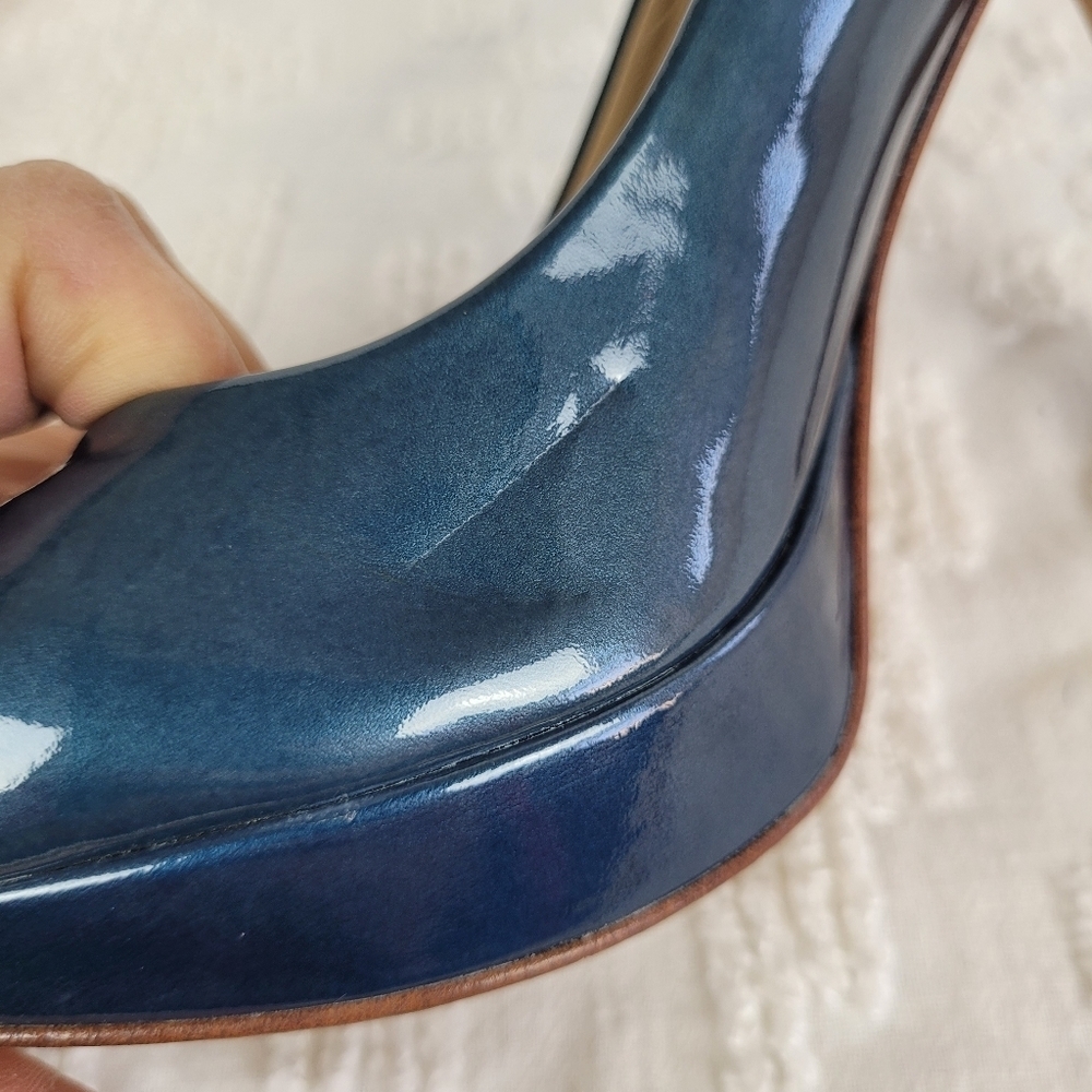 Joan & David teal blue patent leather platform pinup stiletto pumps almond toe 6 - Picture 10 of 12